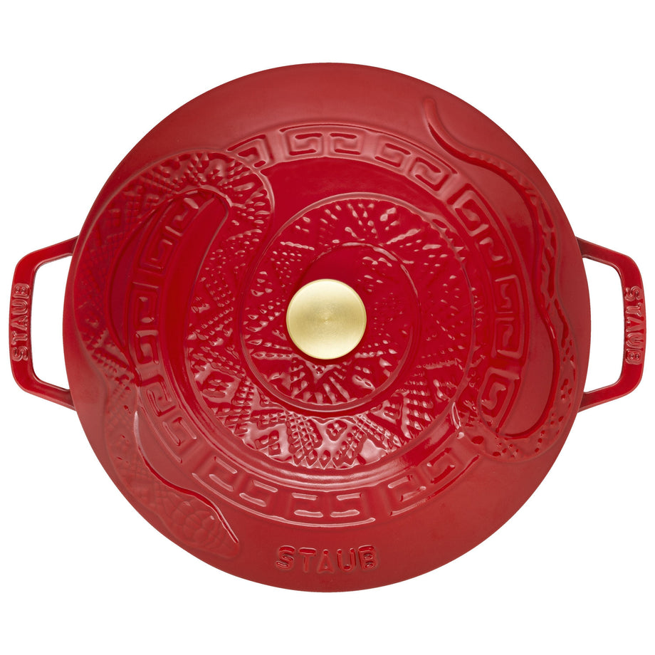 STAUB La Cocotte 4.8 L Cast Iron Round Essential French Oven With Snake Lid, Cherry
