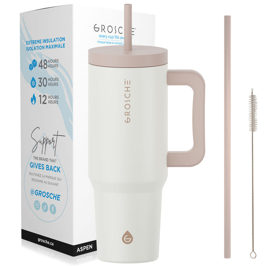 Grosche ASPEN Insulated Tumbler with Handle and Straw, 40oz - Cream White