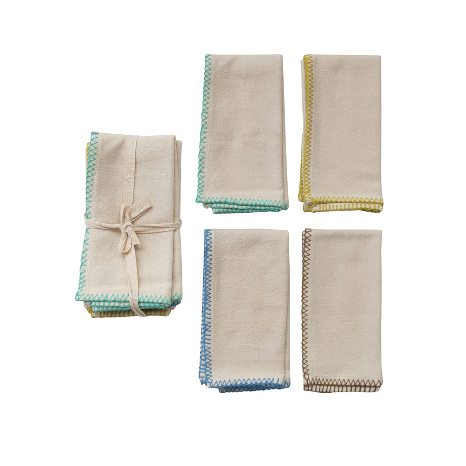 Creative Co-Op Cotton Napkins with Colored Blanket Stitch Edge - Set of 4