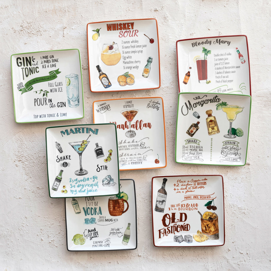 Creative Co-Op Stoneware Plate With Cocktail Recipe & Art - 8 Style Options