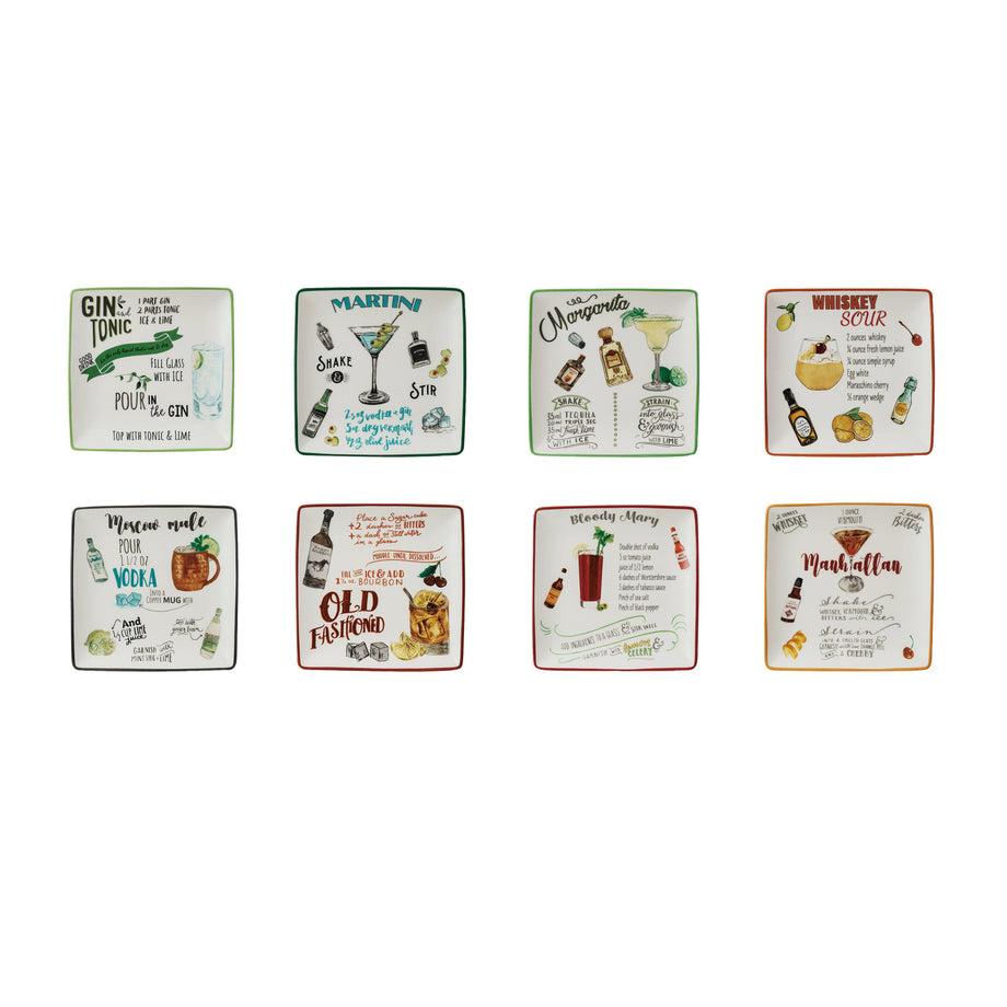 Creative Co-Op Stoneware Plate With Cocktail Recipe & Art - 8 Style Options