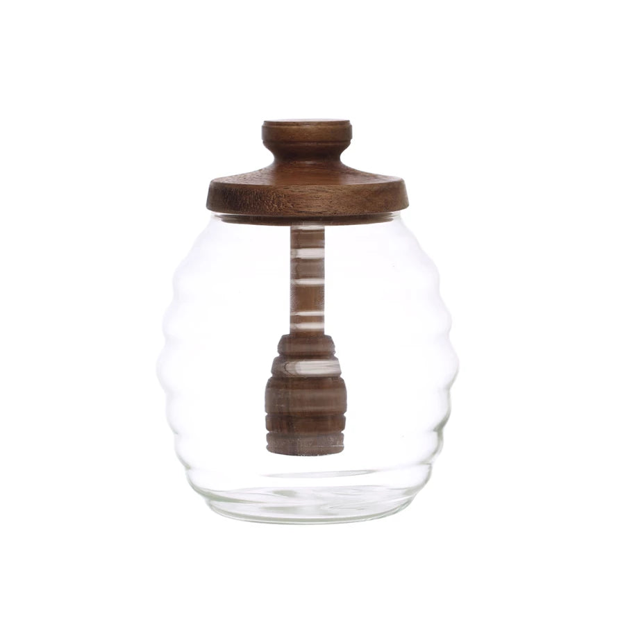 Pot à miel en verre Creative Co-Op avec couvercle en bois d'acacia et cuillère à miel