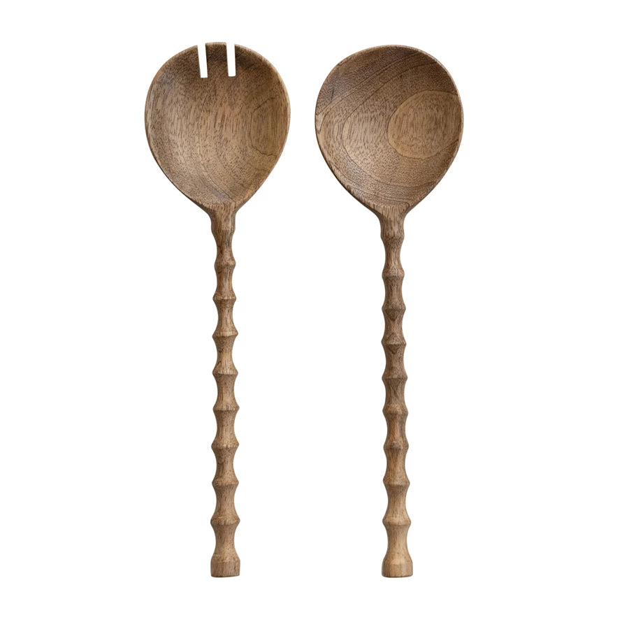 Creative Co-Op Mango Wood Salad Servers with Carved Handles set of 2