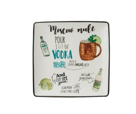 Creative Co-Op Stoneware Plate With Cocktail Recipe & Art - 8 Style Options