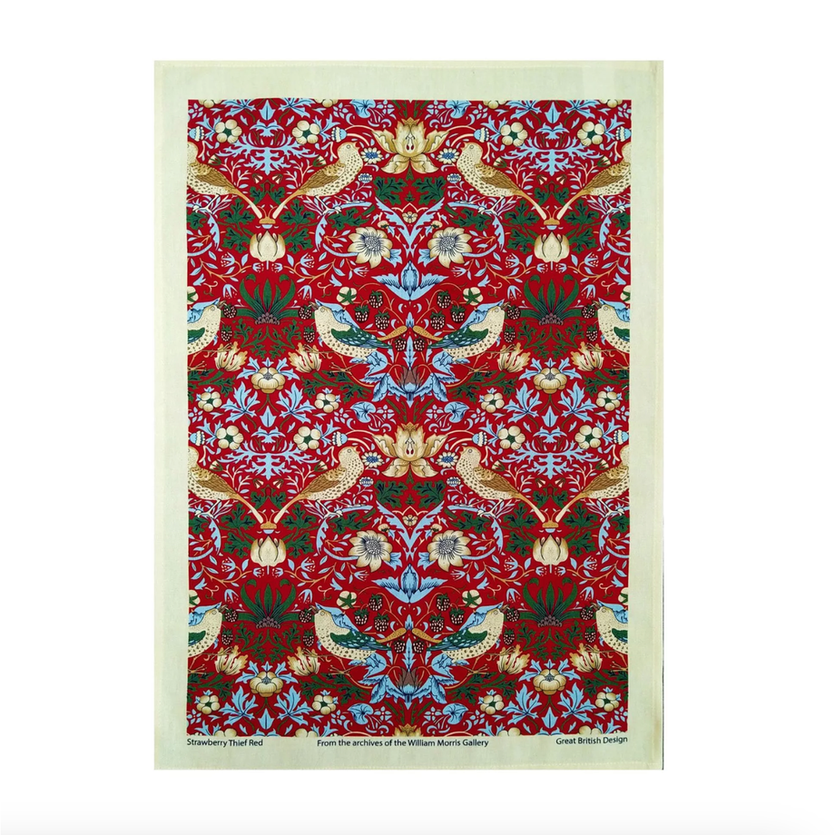 William Morris Cotton Tea Towel - Strawberry Thief / Red