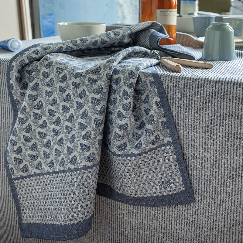 Torchon en coton Jacquard Français – Empreintes / Bleu