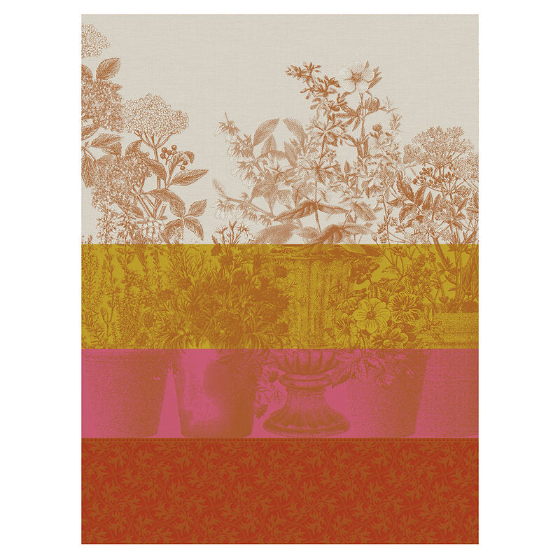 Torchon en coton jacquard français - Floraison rayé rose