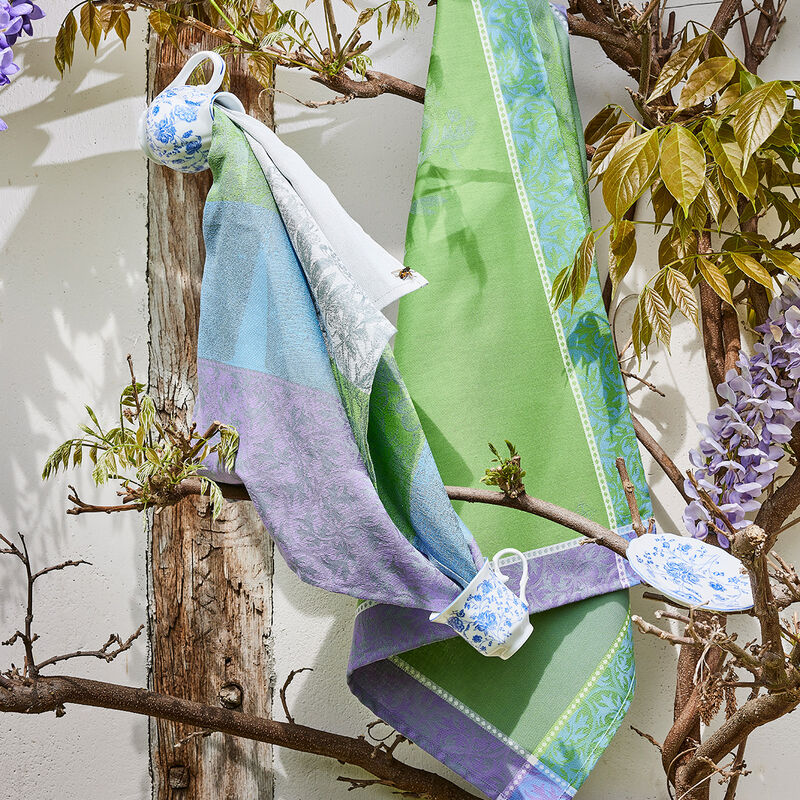 Torchon en coton jacquard français - Floraison rayé bleu