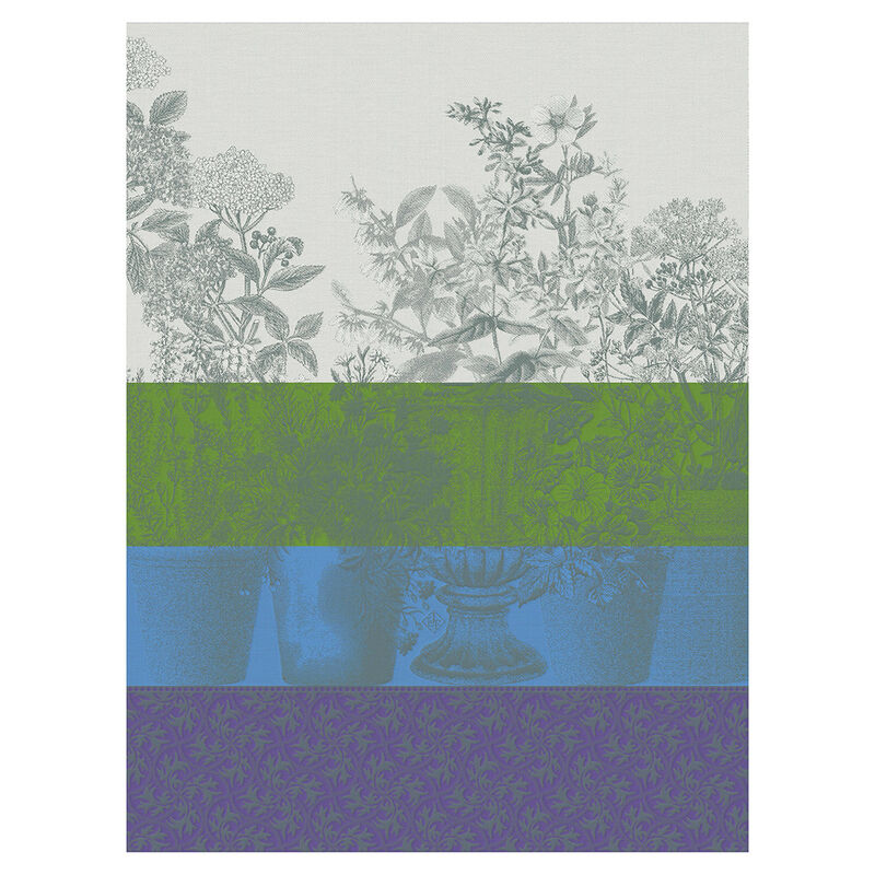 Torchon en coton jacquard français - Floraison rayé bleu